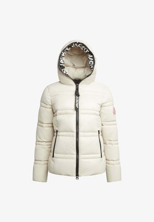 Puffer bunda v off-white barvě, s kapucí s černým logem, předním zipem, dvěma bočními kapsami a prošíváním pro izolaci.
