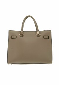 Sac cabas à poignée tressée de couleur taupe douce, en cuir texturé, avec une quincaillerie dorée et deux points de fixation latéraux.