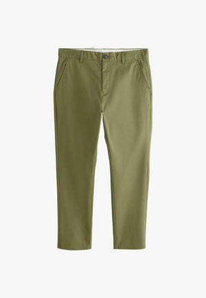 Férfi olívazöld karcsúsított nadrág övbújtatókkal, elülső gombbal, cipzárral és ferdén elhelyezett oldalzsebekkel.