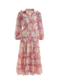 Floral midi dress with pink, purple, and beige hues, long puffed sleeves, buttoned collar, and tiered ruffle skirt with a fitted smocked waist.