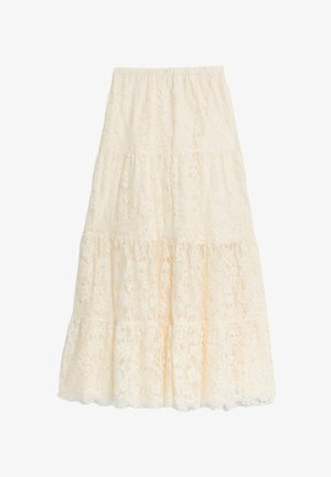 Lace maxi skirt in soft ivory, featuring a tiered design with scalloped hem, elastic waistband, and floral lace pattern throughout.