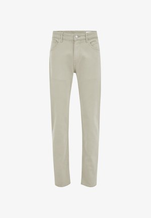 Bēšas kokvilnas auduma bikses ar taisnām kājām, piecu kabatu dizainu un pogu aizdari. Gluda tekstūra ar minimāliem akcentiem.