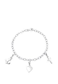 Bracelet en chaîne argentée avec trois pendentifs : une ancre, un cœur et une croix, présentant une finition polie et des maillons ovales.