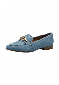 Loafers de un bleu deschis, realizate dintr-un material texturat, cu un accent din alamă în formă de zăvor de cal și un toc jos de culoare maro. Design cu vârf rotunjit.