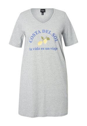 Grå bomulds t-shirt kjole med korte ærmer, V-hals, med "Costa del Sol" tekst og citron grafik i grønne og gule broderede accenter.
