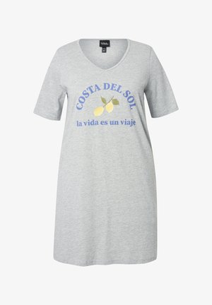 Grå bomulds t-shirt kjole med korte ærmer, V-hals, med "Costa del Sol" tekst og citron grafik i grønne og gule broderede accenter.