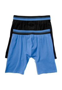 Deux paires de slips : une bleue avec une ceinture rayée bleue et noire, et une noire avec une ceinture rayée noire et bleue. Tissu doux.