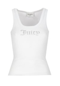 Top in cotone bianco a coste con scollatura a barca e design aderente. La scritta "Juicy" è impreziosita da strass sul petto.