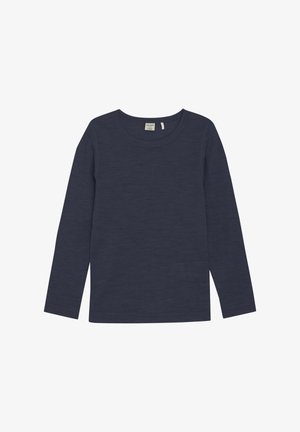 Mörkblå långärmad topp i ribbat material med rund halsringning och rak passform. Inga synliga mönster eller dekorationer.