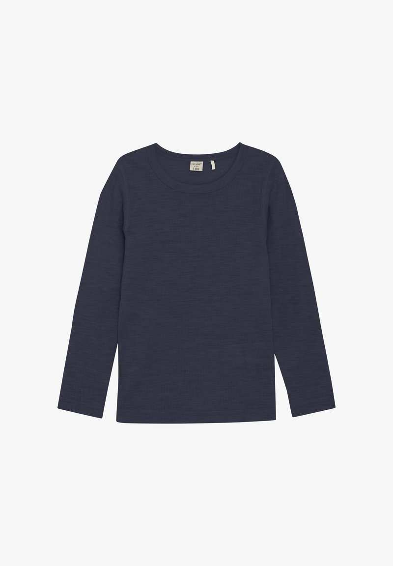 Granatowa bluzka z długim rękawem, wykonana z prążkowanego materiału, z okrągłym dekoltem i prostym krojem. Brak widocznych wzorów lub akcentów.