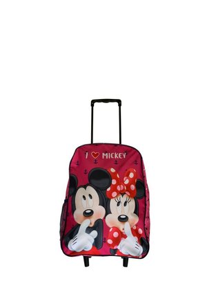 Valise à roulettes rouge pour enfants avec les visages de Mickey et Minnie Mouse, Minnie portant un nœud rouge à pois, tous deux faisant un geste de silence.