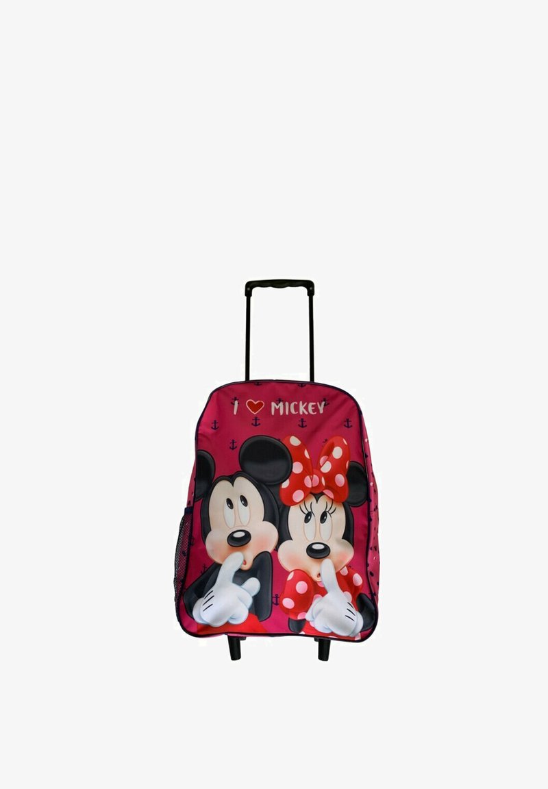 Valise à roulettes rouge pour enfants avec les visages de Mickey et Minnie Mouse, Minnie portant un nœud rouge à pois, tous deux faisant un geste de silence.
