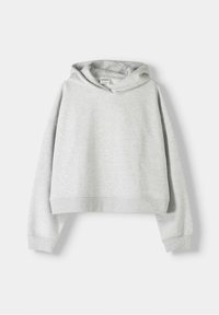 Sudadera corta gris con una textura suave, que presenta una capucha con cordón y puños acanalados. Diseño simple y minimalista sin patrones visibles.