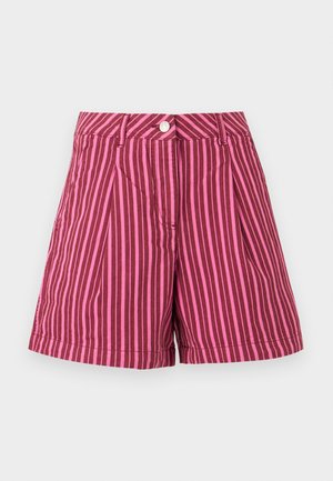 Kõrge vöökohaga lühikesed püksid vertikaalsete roosade ja burgundia triipudega, ees nupuga kinnitatavad, vööaasadega ja küljetaskutega.