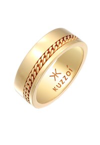 Guldring med en glat band og et centralt flet design. Indvendig graveret med "Kuzzoi." Poleret finish reflekterer lys.