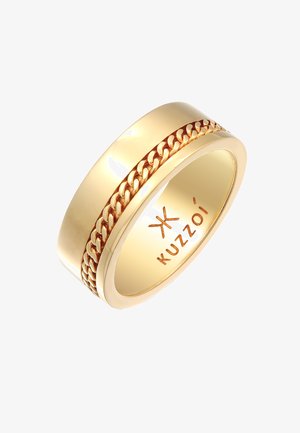 Goldring mit glattem Band und einem zentralen geflochtenen Design. Innen mit "Kuzzoi" graviert. Polierte Oberfläche reflektiert Licht.