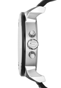 Orologio in acciaio inossidabile argentato con un accentuazione nera attorno al quadrante, dotato di due pulsanti e un cinturino nero testurizzato.