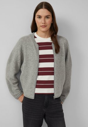 Grijze gebreide cardigan met een ronde hals en een ritsluiting. Draagt boven een wit en bordeaux gestreept shirt. Zachte textuur en een relaxte pasvorm.
