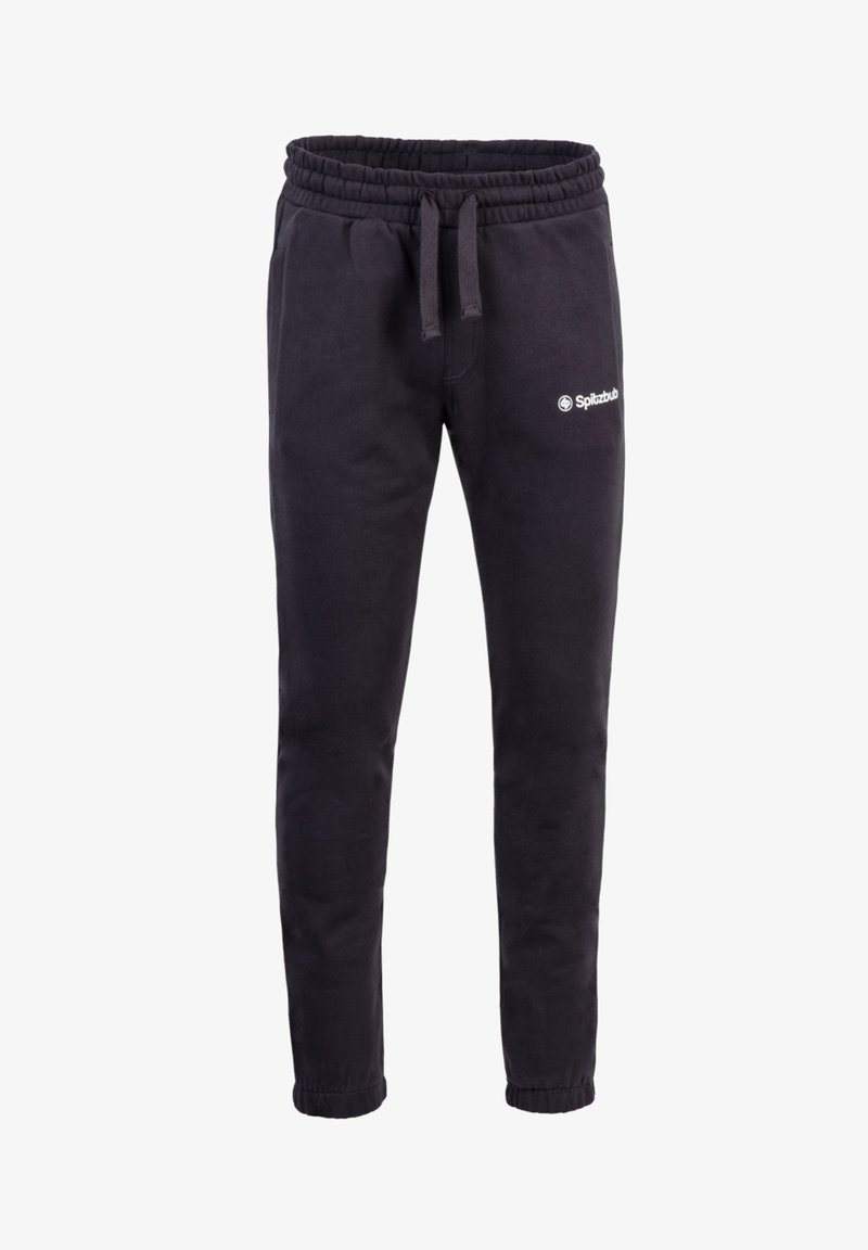 Black sweatpants made of fleece with an elastic waistband and drawstring. Features a small logo on the left side. Tapered leg design.