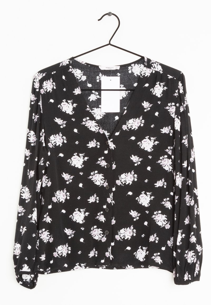 Schwarze Bluse mit langen Ärmeln und kleinem pinken Blumenmuster, Knopfverschluss vorne und V-Ausschnitt. Weicher Stoff mit gerafften Ärmeln und lockerer Passform.