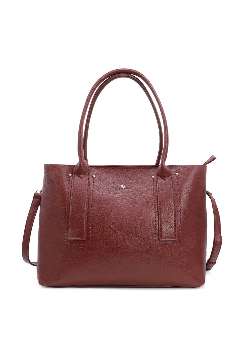 Bordowa skórzana torba typu tote z dwiema mocnymi rączkami, odczepianym paskiem na ramię i minimalną ilością elementów metalowych. Teksturowane wykończenie o subtelnym połysku.
