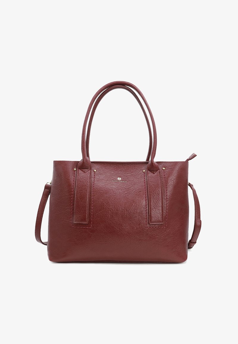 Bordowa skórzana torba typu tote z dwiema mocnymi rączkami, odczepianym paskiem na ramię i minimalną ilością elementów metalowych. Teksturowane wykończenie o subtelnym połysku.