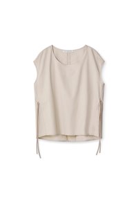 Top beige senza maniche con scollo tondo, legami laterali per la regolazione della vestibilità e una texture del tessuto liscia. Orlo leggermente curvato nella parte inferiore.