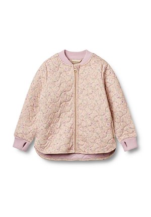 Jachetă bomber matlasată în roz deschis, cu un model floral. Dispune de un fermoar frontal și manșete ribbate, oferind un design texturat și confortabil.