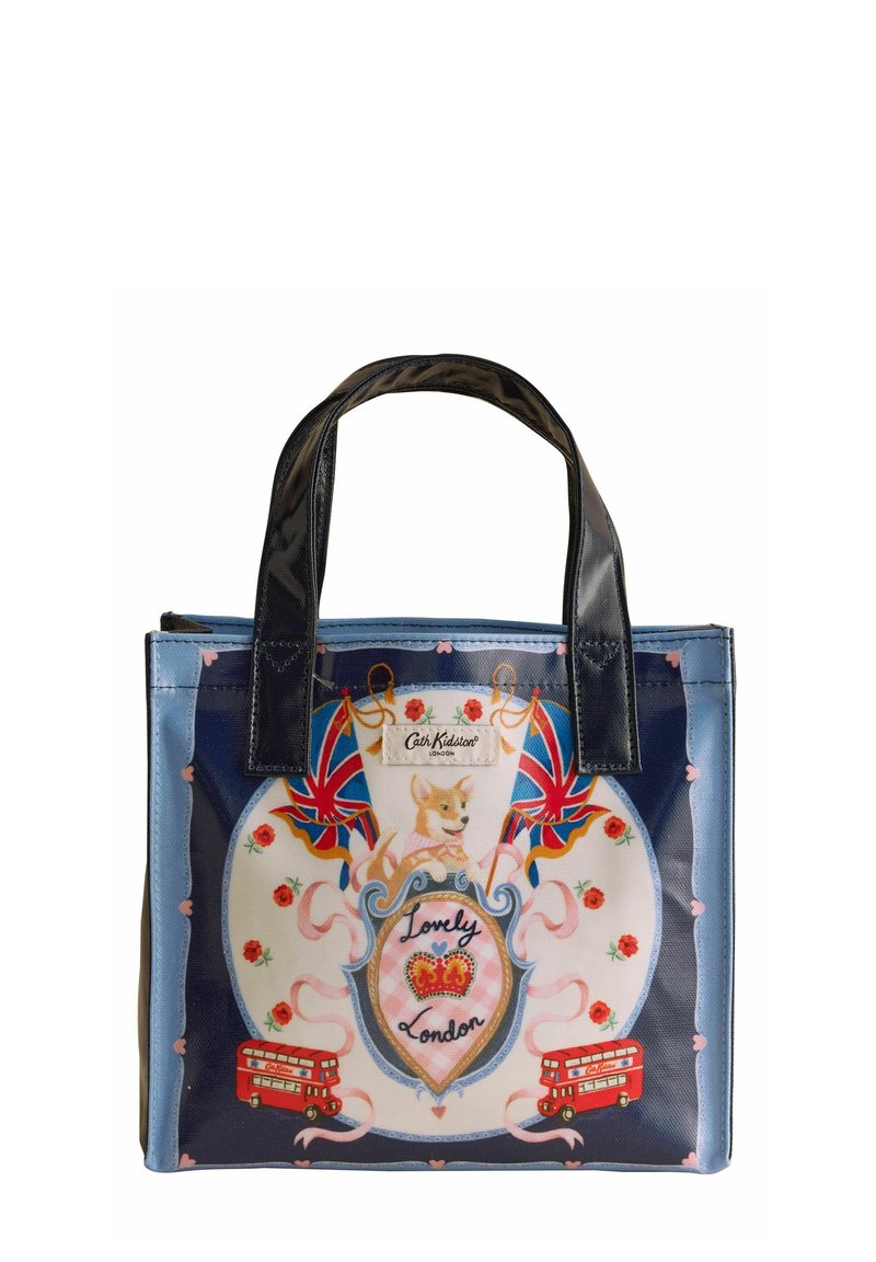 Small navy and blue tote bag with black handles, decorated with a dog, Union Jack flags, red buses, and the text "Lovely London."