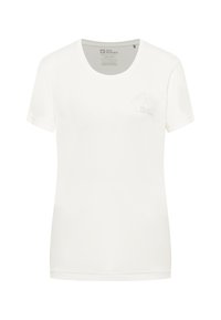 T-shirt bianco a maniche corte realizzato in tessuto morbido, con una grafica di montagne sottile sul lato sinistro del petto e un collo rotondo.