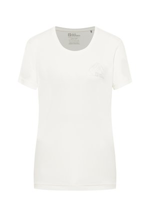 Weißes Kurzarm-T-Shirt aus weichem Stoff mit einem dezenten Bergmotiv auf der linken Brust und rundem Halsausschnitt.