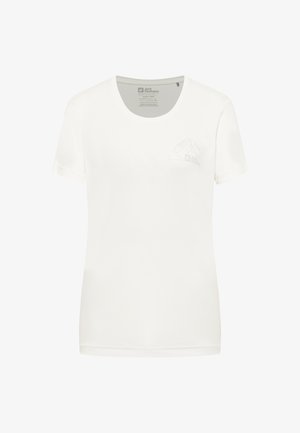 Weißes Kurzarm-T-Shirt aus weichem Stoff mit einem dezenten Bergmotiv auf der linken Brust und rundem Halsausschnitt.