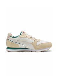Beige and white sneaker featuring suede and mesh material, a green accent at the heel, and a textured rubber sole. Classic lace-up design.