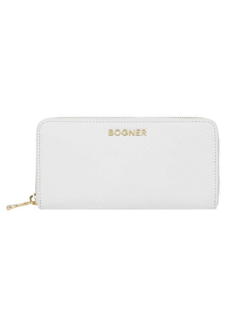 Portafoglio in pelle bianca con finitura testurizzata, chiusura con zip e logo dorato "BOGNER" sul fronte. Design rettangolare semplice.