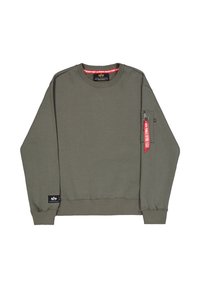 Sudadera verde oliva hecha de una mezcla de algodón, con un cuello redondo, puños acanalados y un bolsillo con cremallera con detalles de tira roja.