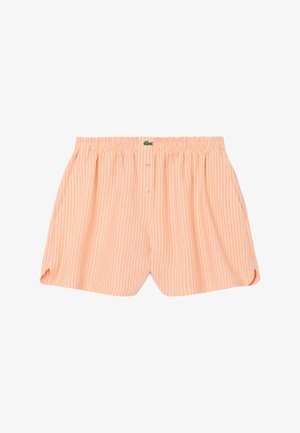 Pfirsichfarbene und weiße Shorts mit elastischem Bund in vertikalen Streifen, zwei vorderen Knöpfen und kleinem grünen Krokodil-Logo am Bund.