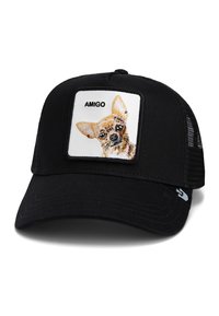 Cappellino nero con pannelli in rete, caratterizzato da un Chihuahua ricamato su una toppa bianca con la scritta "AMIGO". Cinghia regolabile sul retro.