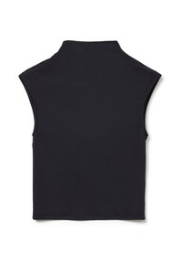 Zwart mouwloos topje van zacht, rekbaar materiaal; heeft een hoge halslijn en een aansluitende pasvorm, met nette randen en een minimalistisch ontwerp.