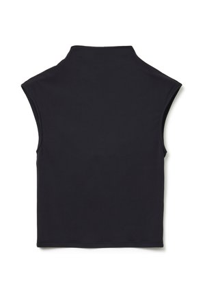 Top negro sin mangas hecho de una tela suave y elástica; presenta un escote alto y una silueta ajustada, con bordes limpios y un diseño minimalista.