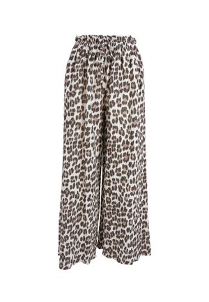 Pantalon à jambes larges avec imprimé léopard marron et noir, taille élastiquée et lien coulissant ajustable, présenté sur fond blanc.