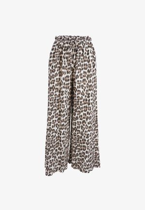 Pantalon à jambes larges avec imprimé léopard marron et noir, taille élastiquée et lien coulissant ajustable, présenté sur fond blanc.