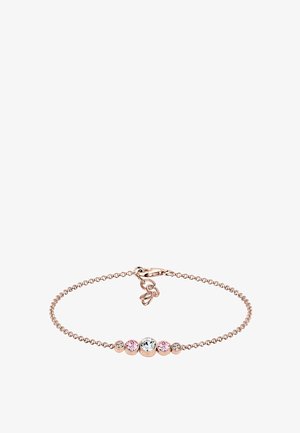 Armband aus Roségold mit fünf verschiedenen Edelsteinen in Rosa und Klar, mit Karabiner und filigranem Verbindungsdesign.