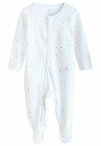 Witte baby rompertje met lange mouwen, voorzien van een rits aan de voorkant en verspreide kleurrijke stippen. Gemaakt van zacht materiaal met voetjes.