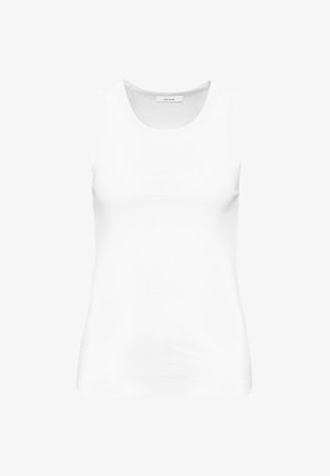 Top senza maniche bianco realizzato in un tessuto liscio ed elasticizzato. Presenta una texture a coste e un collo rotondo. Design minimalista senza decorazioni.