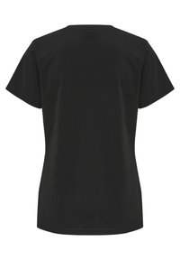 Sort kortærmet T-shirt med rund halsudskæring, lavet af blødt stof. Bagsiden er enkel uden yderligere mønstre eller detaljer.