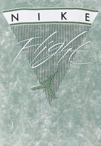 Camiseta verde menta con un gráfico triangular que presenta "NIKE" en negro y "FLIGHT" en blanco. Incluye una silueta de Jordan bordada en verde.