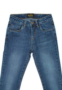 Jeans in denim blu con un design aderente, cinque tasche e cuciture arancioni a contrasto. Chiusura con bottone in vita, lavaggio medio.