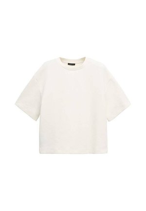 Effen wit T-shirt met korte mouwen en ronde hals, losvallende pasvorm, afgebeeld op een witte achtergrond.