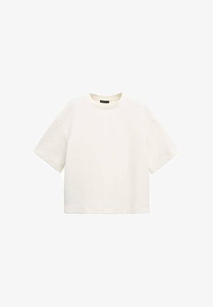 Effen wit T-shirt met korte mouwen en ronde hals, losvallende pasvorm, afgebeeld op een witte achtergrond.