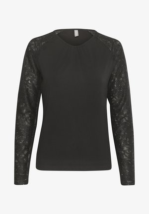 Long-sleeved black top featuring a smooth fabric body and lace-patterned sleeves, with a round neckline and gathered detail at the chest.